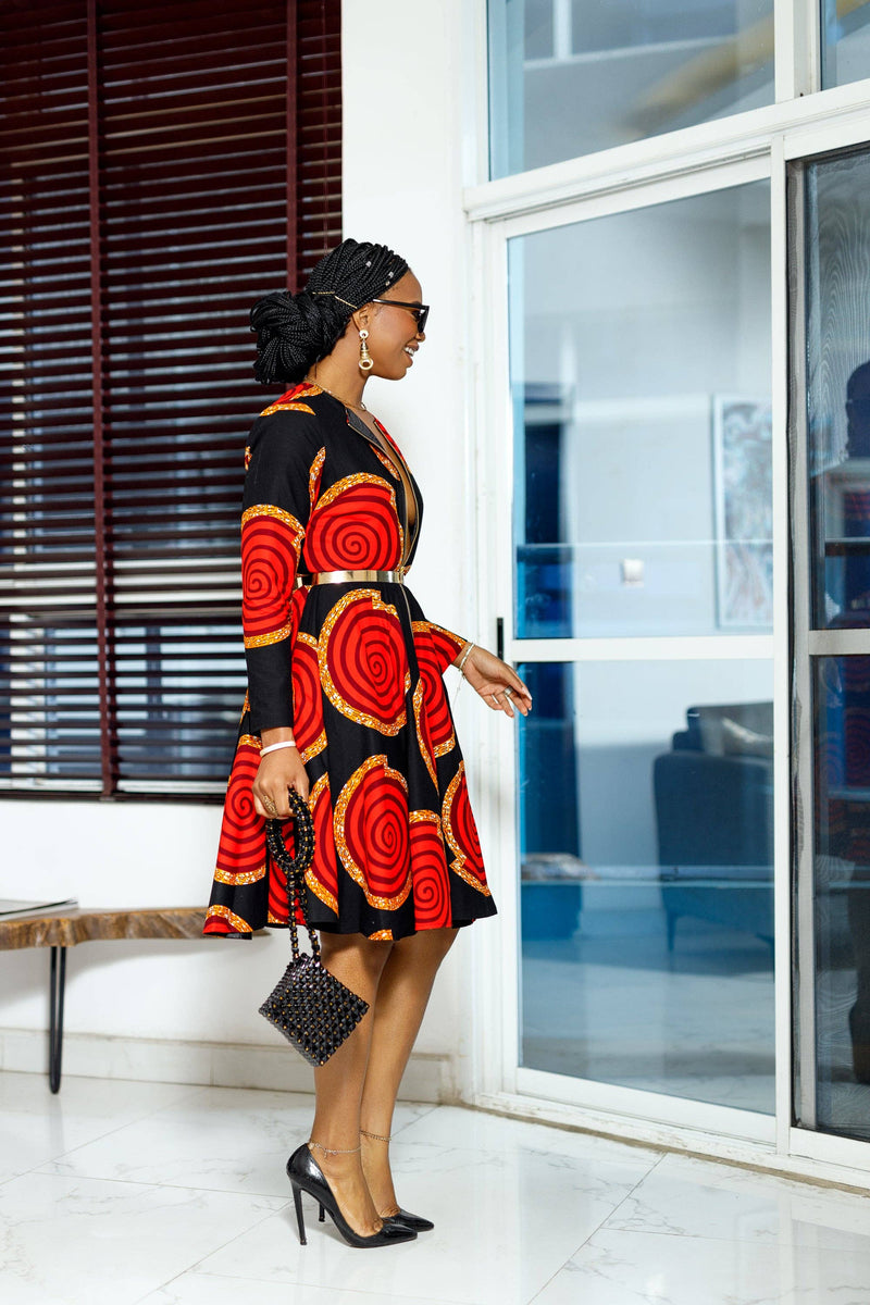 KEITA AFRICAN PRINT ZIP FRONT DRESS [RED] - WHO'S THAT LADY BOUTIQUE